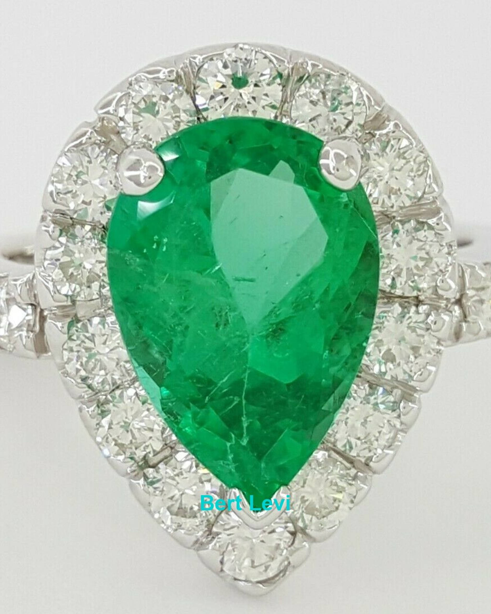 Colombian No Oil Pear Shape Green Emerald 5.21 ct & Diamond Halo Ring GIA $50k