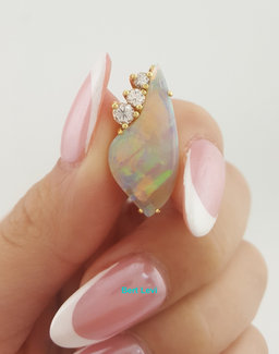 Natural Opal & Diamond Slider Pendant 0.32 ct 18K Yellow Gold 1"