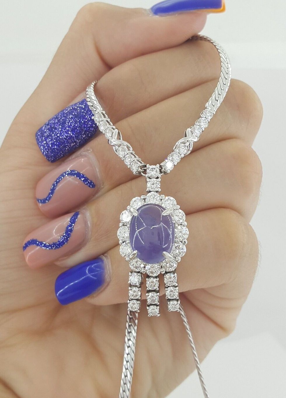 Platinum Oval Cabochon Star Sapphire & Diamonds Necklace 11.37 ctw