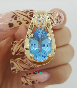 Oval Blue Topaz & Diamond Slider Pendant 0.25 ct 14k Yellow Gold 1.2”