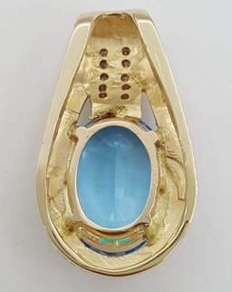 Oval Blue Topaz & Diamond Slider Pendant 0.25 ct 14k Yellow Gold 1.2”