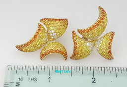 Sapphire & Diamond Pave Set Geometric Sails Earrings 18K Yellow Gold 9.6 ct