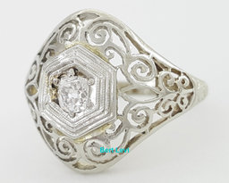 Antique Art Deco Old Mine Cut Diamond Engagement Ring 0.22 ct 18k White Gold