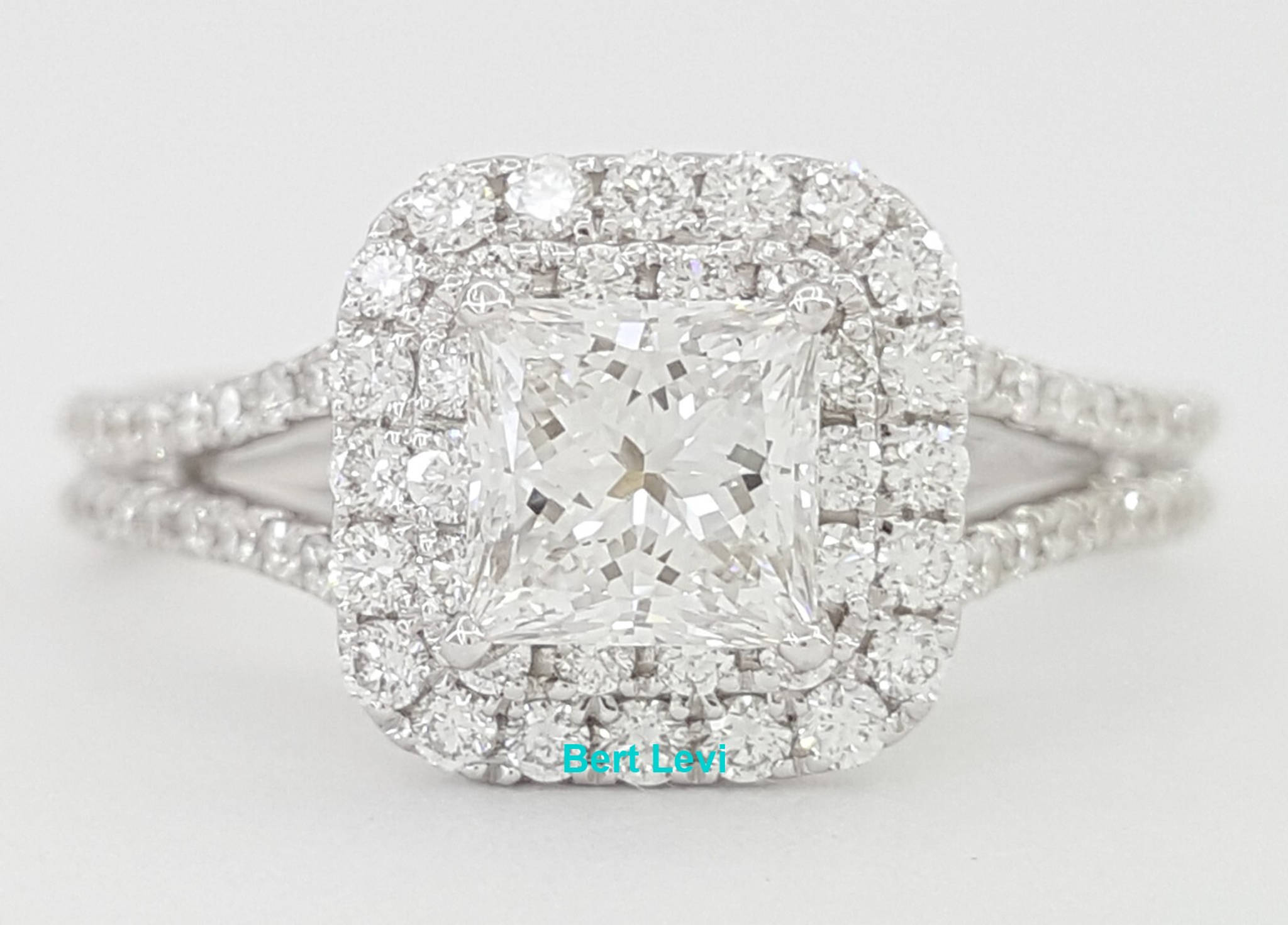 Princess Diamond Double Halo Split Shank Engagement Ring 1.33 ct 14k W Gold $7k