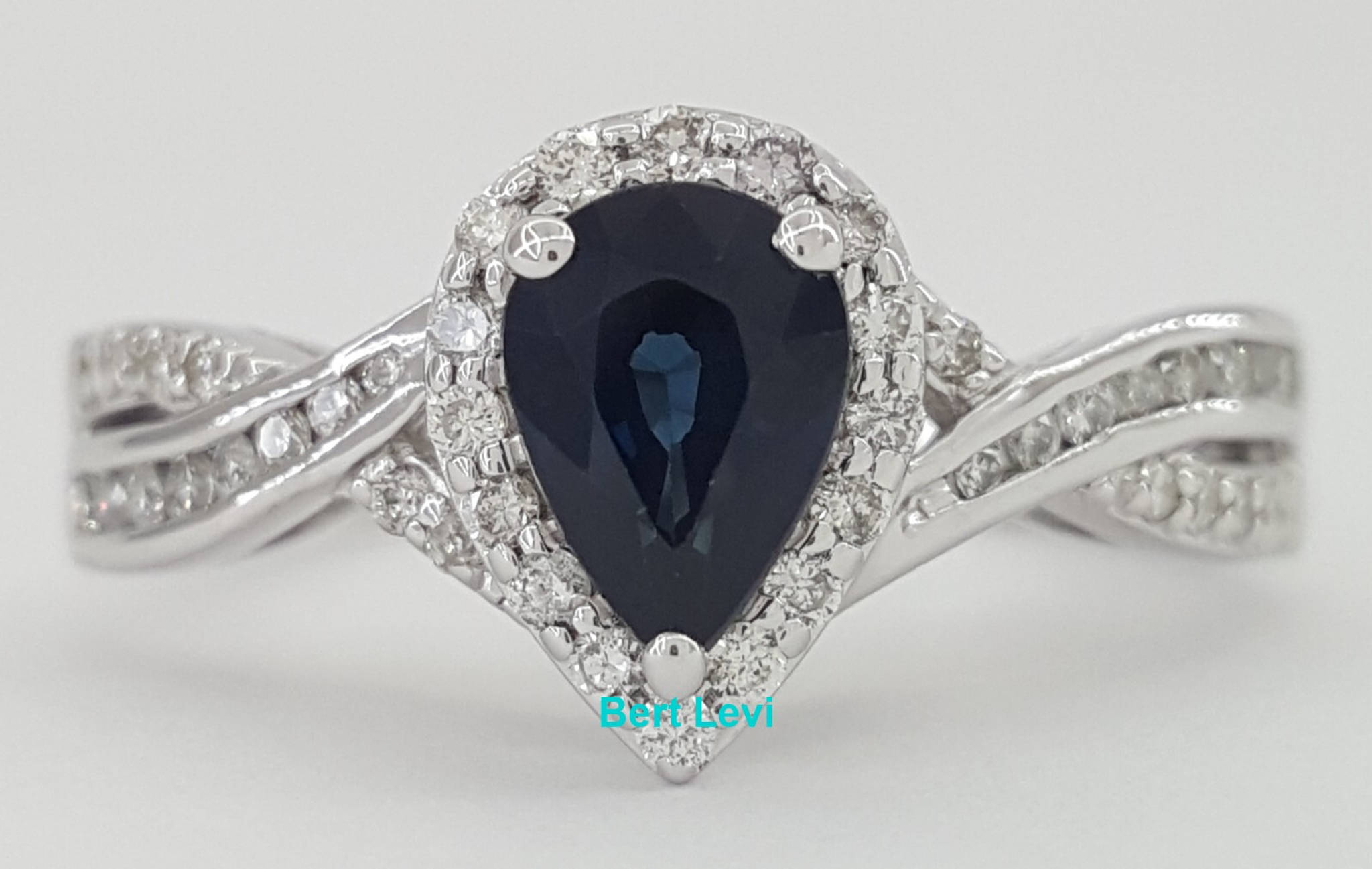 Pear Sapphire & Diamond Halo Crossover Engagement Ring 1.2 ct 14k White Gold
