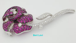 Rose Brooch 18K White Gold 14.26 ct Round & Pear Cut Diamonds & Pink Sapphires
