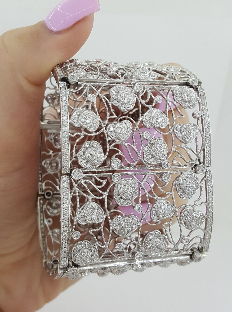 Thumbnail: Vintage Style Diamond Flower Bracelet 12.21 ct 79 Grams 46mm 18K White Gold