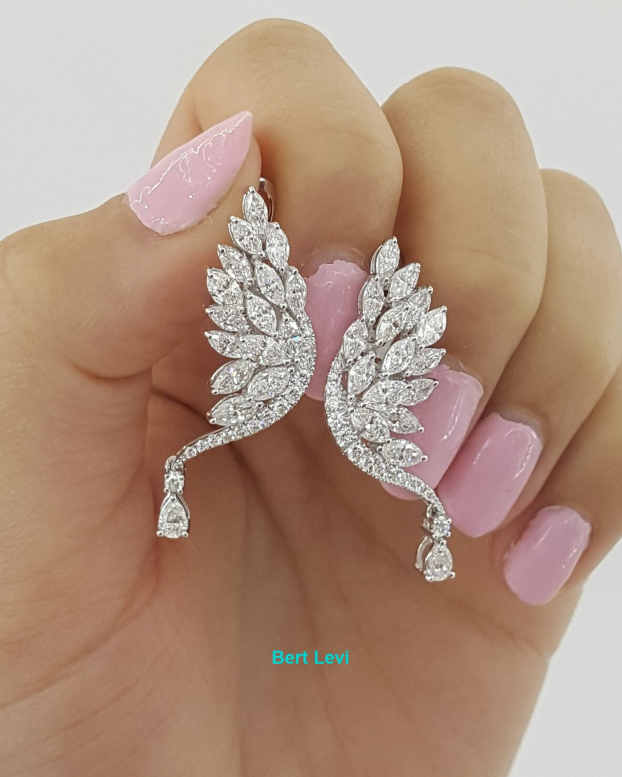 Marquise Round Pear Diamond Angel Wing Climber Dangle Earrings 3.6 ct 18K W Gold