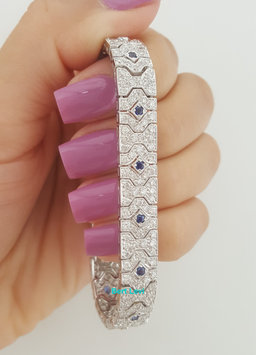 Vintage Art Deco Diamond Sapphire Bracelet 4.66 ct 18K White Gold 8.7mm 23 Grams