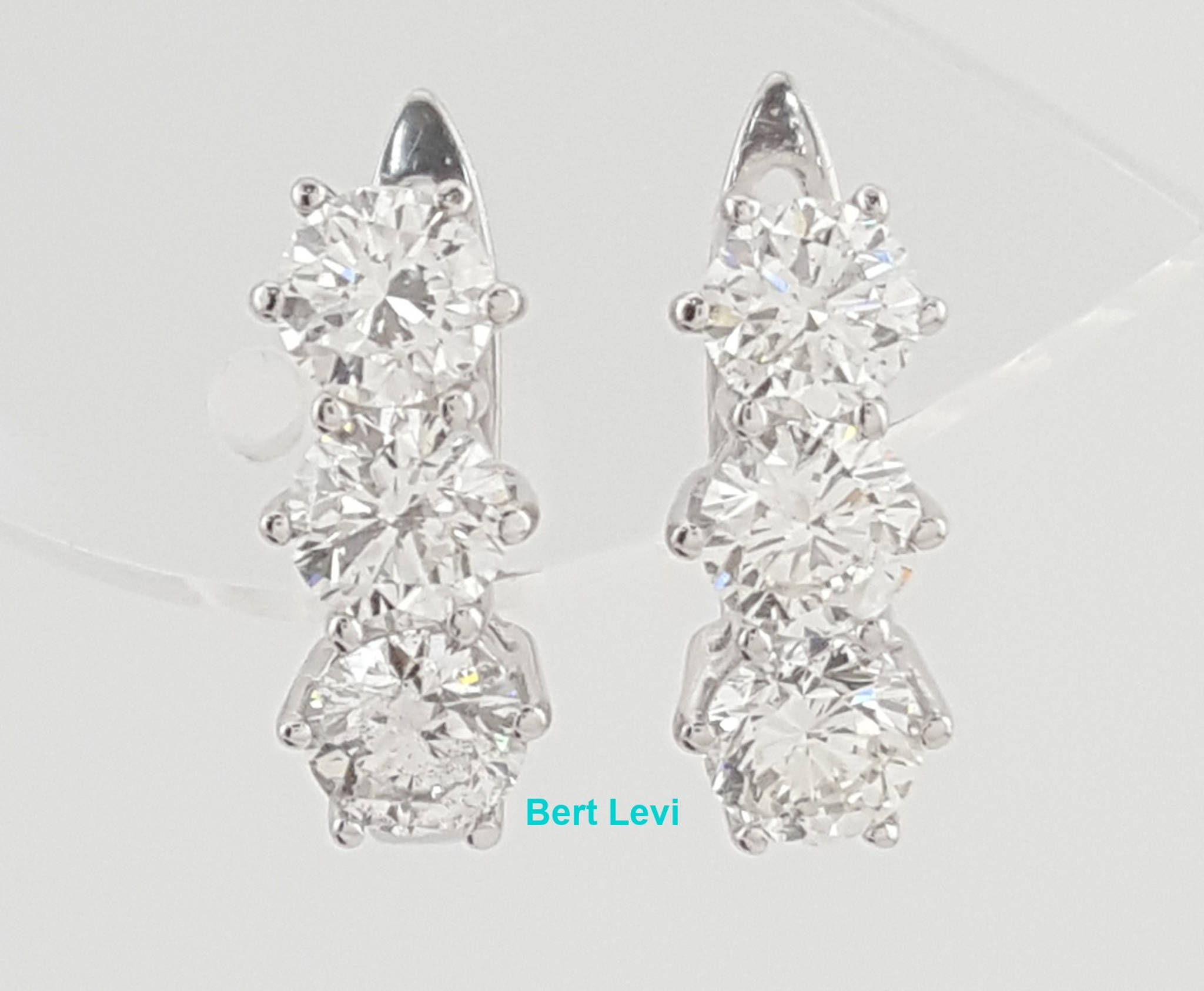 Round Diamond 3 Stone Huggie Earrings 2 ct 18k White Gold Lever Backs Rtl $5.5K