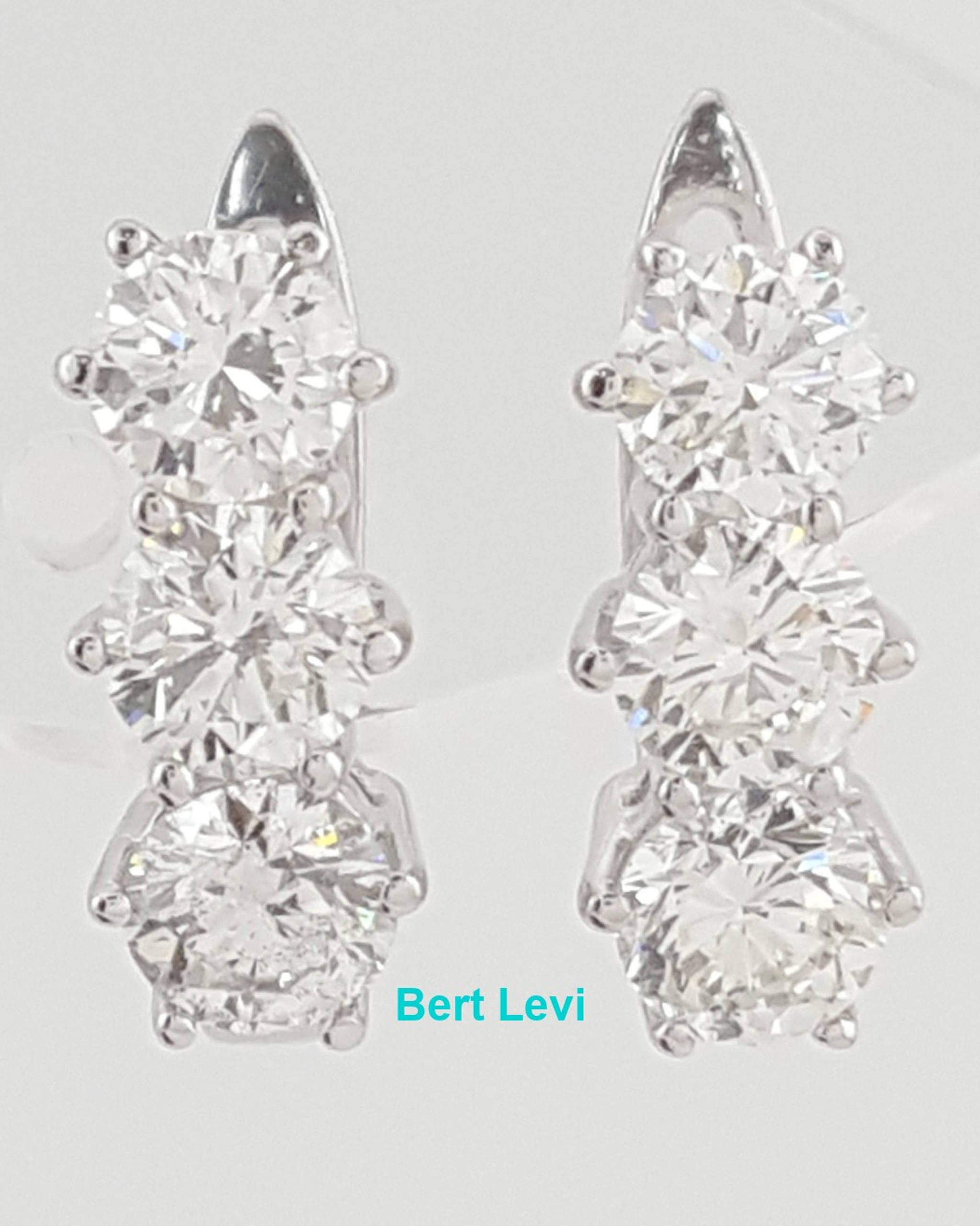 Round Diamond 3 Stone Huggie Earrings 2 ct 18k White Gold Lever Backs Rtl $5.5K