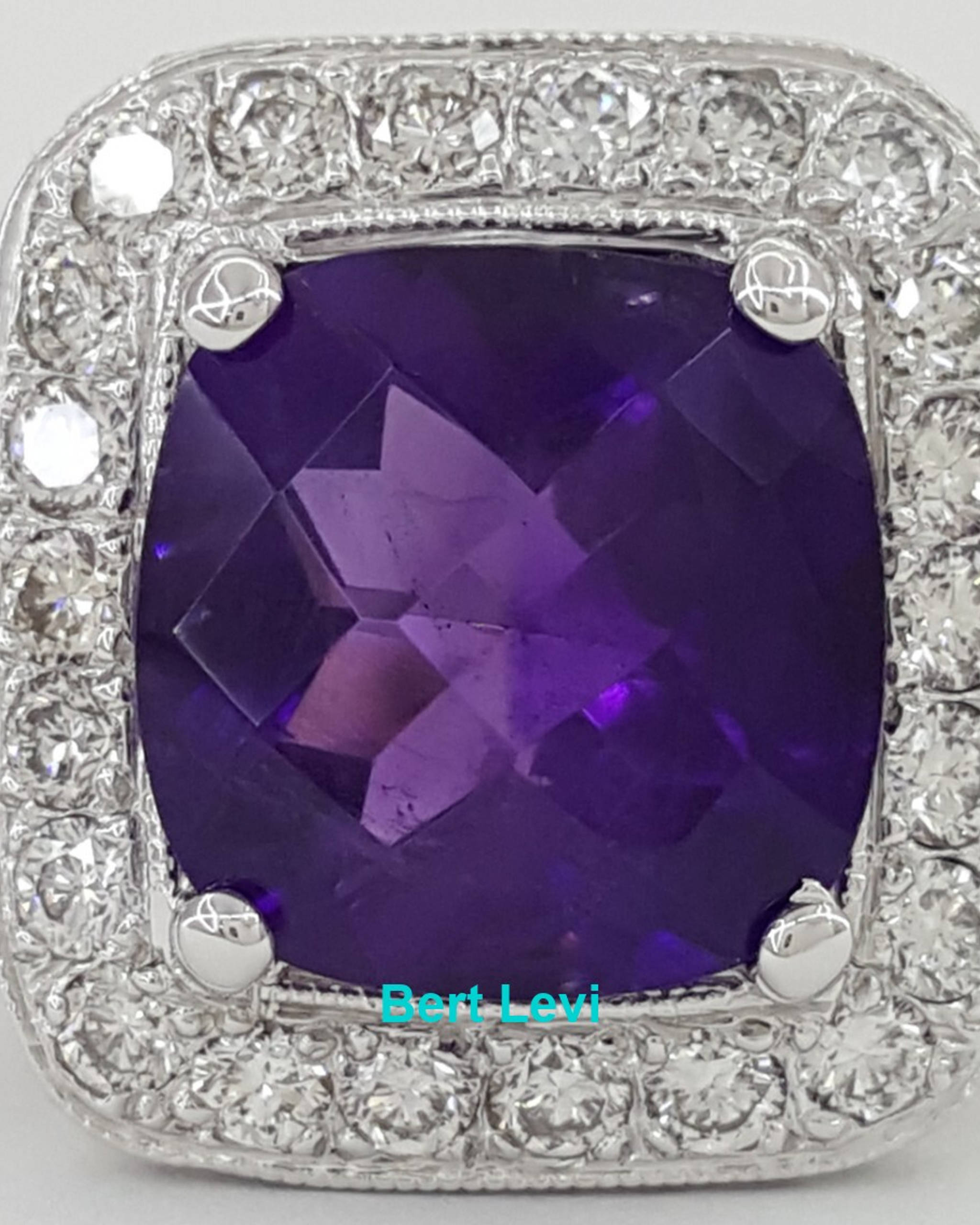 Cushion Checkerboard Amethyst Diamond Halo Ring 2.5 ct 14k White Gold