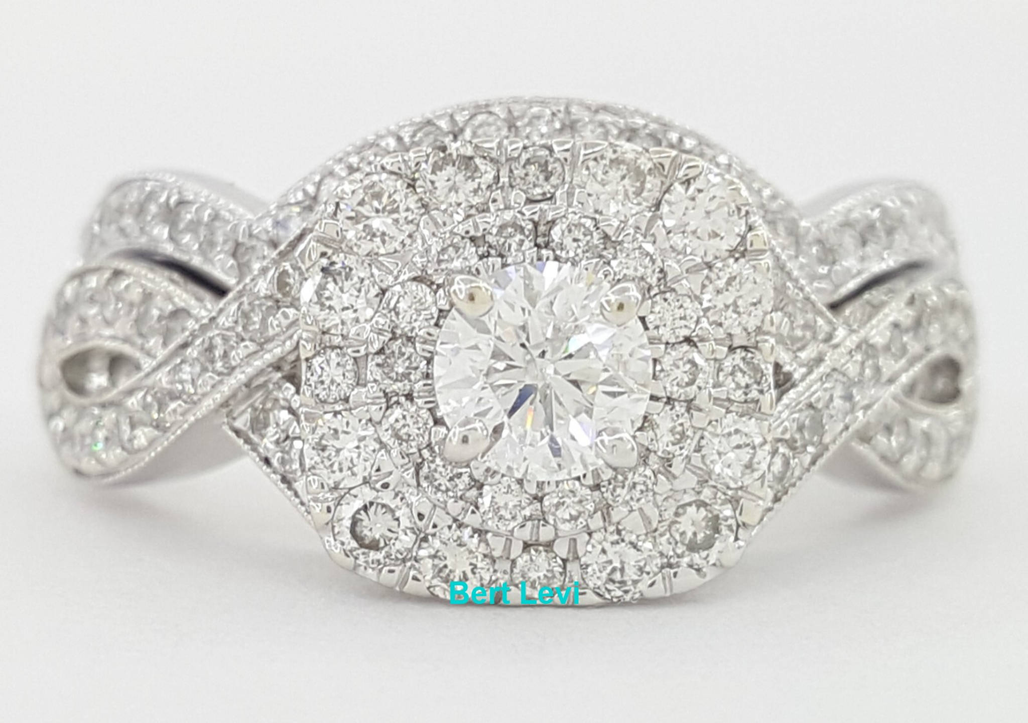 Round Diamond Double Halo Crossover Engagement Ring Set 1 ct 14k W Gold