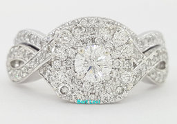 Round Diamond Double Halo Crossover Engagement Ring Set 1 ct 14k W Gold