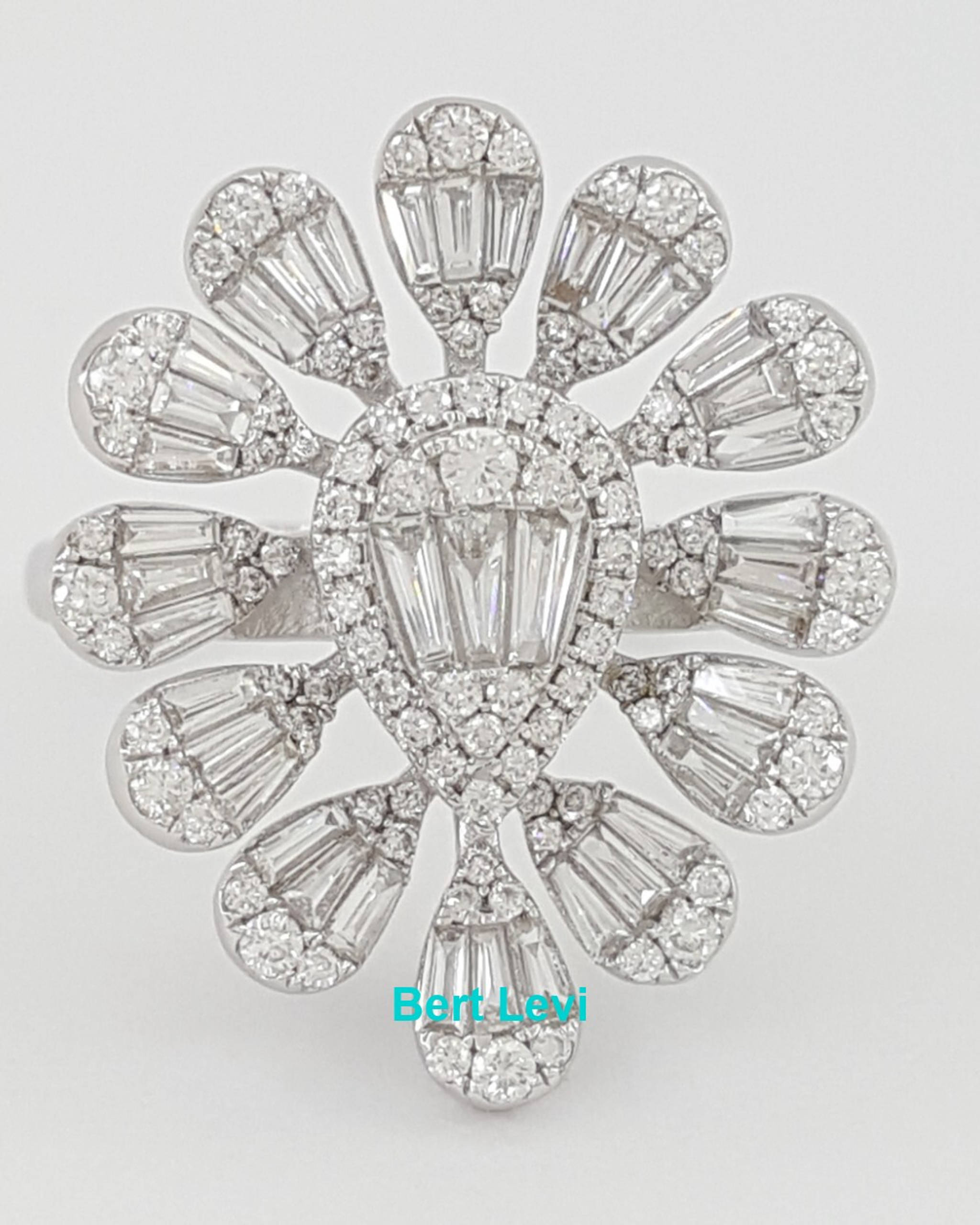 Round & Baguette Cut Diamond Cluster Flower 18k W Gold Statement Ring 1.1 ct
