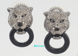 Panther Stud Earrings Diamond & Onyx 1.26 ct 18k White Gold 10 Grams 21.2mm