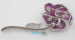 Rose Brooch 18K White Gold 14.26 ct Round & Pear Cut Diamonds & Pink Sapphires
