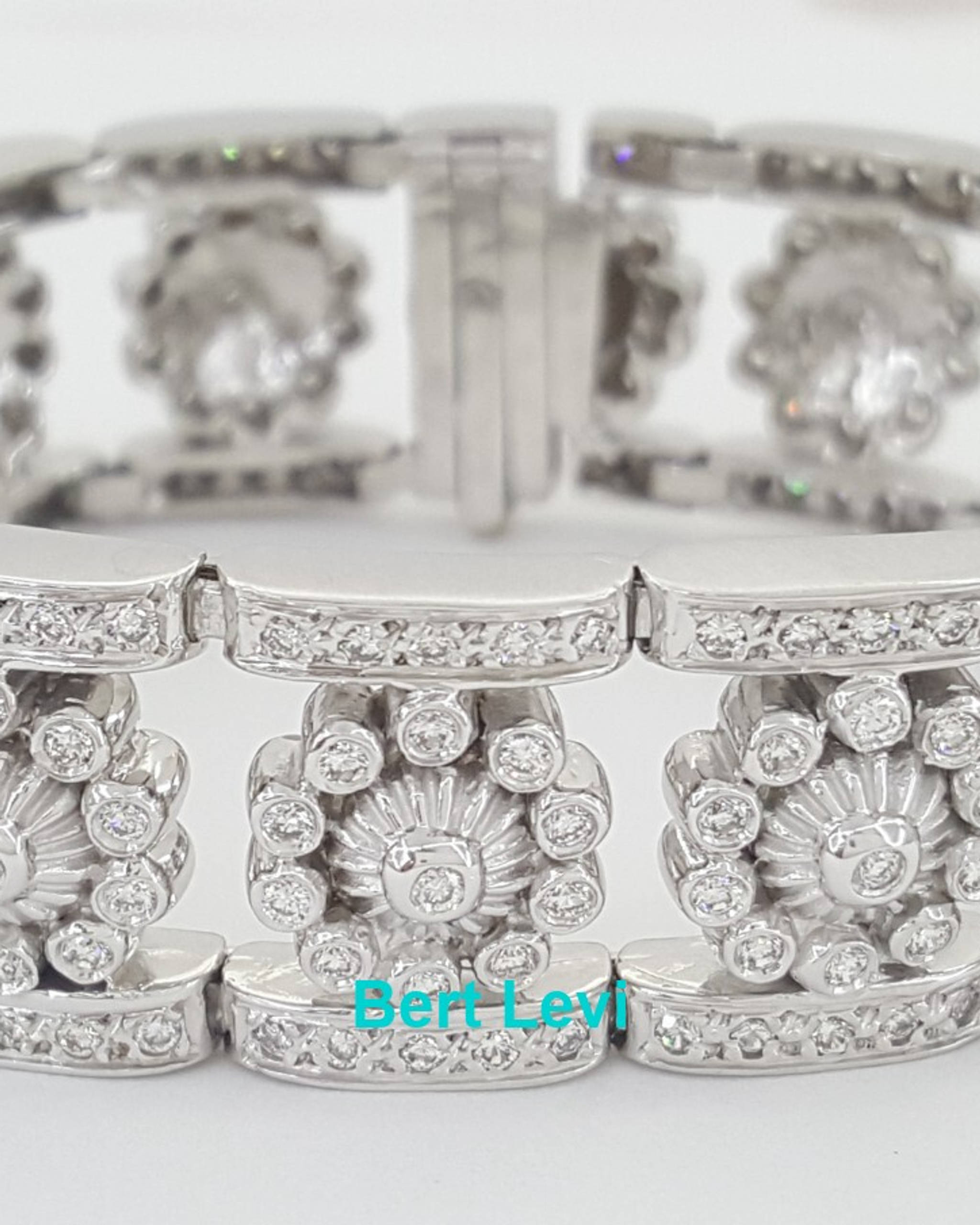 Doris Panos Vintage Flower Bracelet 5.14 ct 77.8 Grams 18 mm Wide 18K White Gold