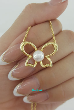 Mikimoto Butterfly Necklace 18k Yellow Gold 7mm Akoya Pearl 18" 6.9 Grams