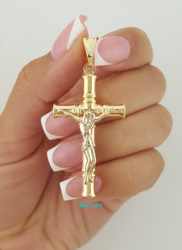 Bamboo Crucifix Cross Pendant 18k Yellow Gold 2" 3 grams