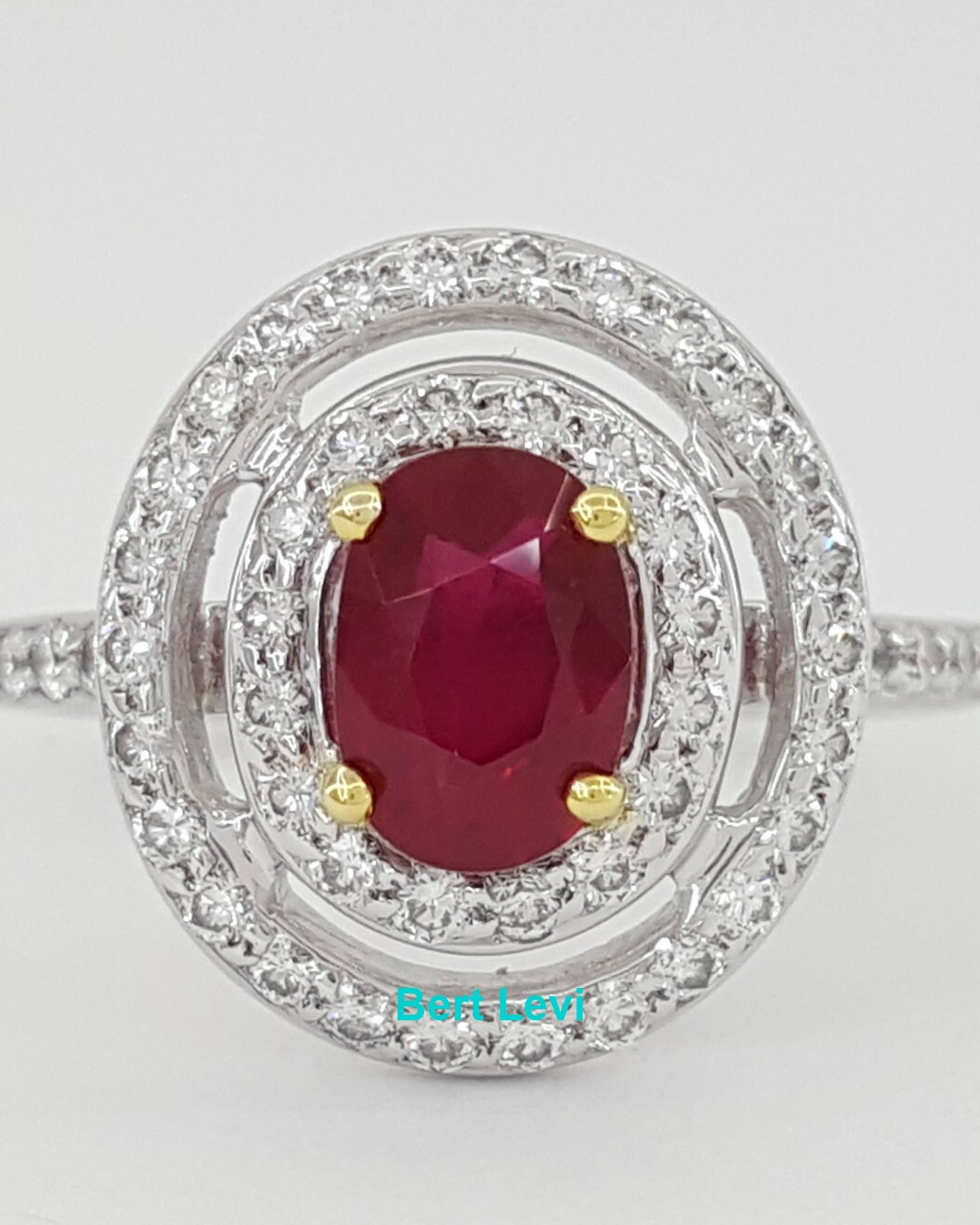 Oval Cut Ruby & Round Diamond Double Halo Engagement Ring 18k White Gold 1.9 ct