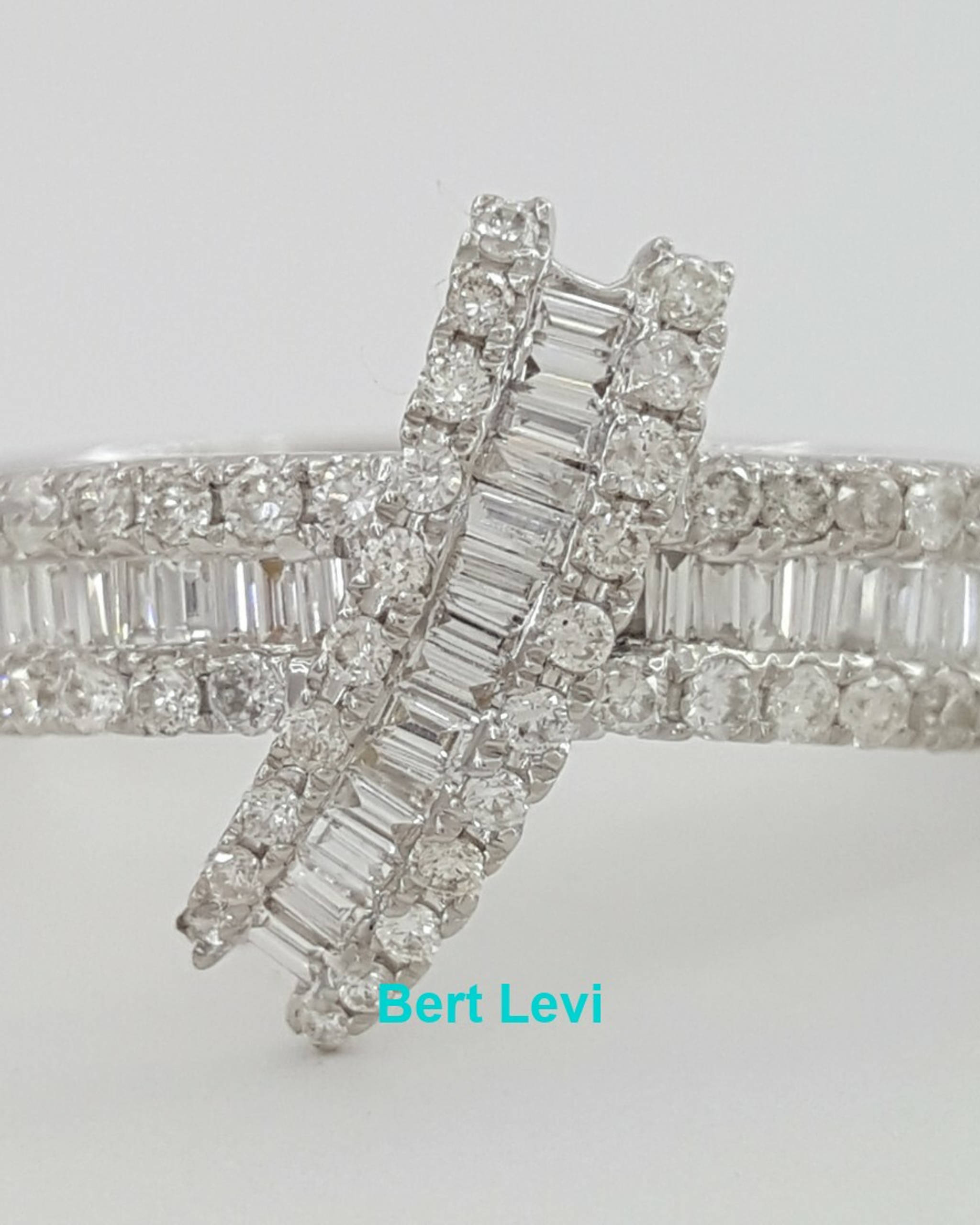 3-Row Round & Baguette Cut Diamond "X" Ring 0.72 ct 18K White Gold