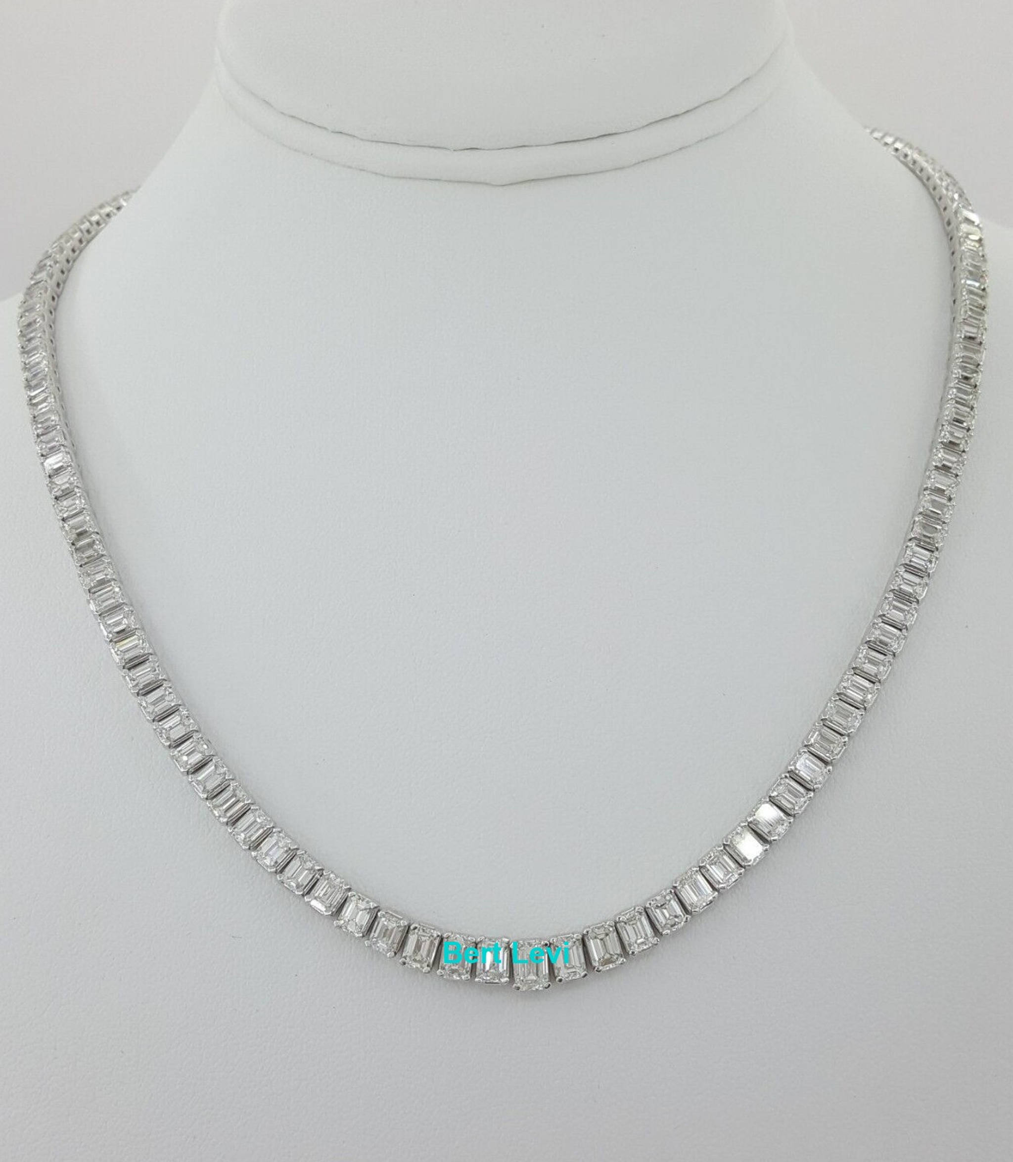 Emerald Cut Diamond Line Riviera Tennis Necklace 24.05 ct 18" 14kw Gold Rtl $75K