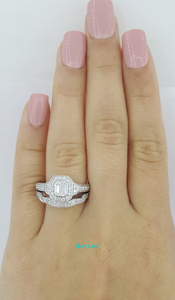 Emerald & Round Diamond Halo Engagement Ring & Band 14K White Gold 1.27 ct
