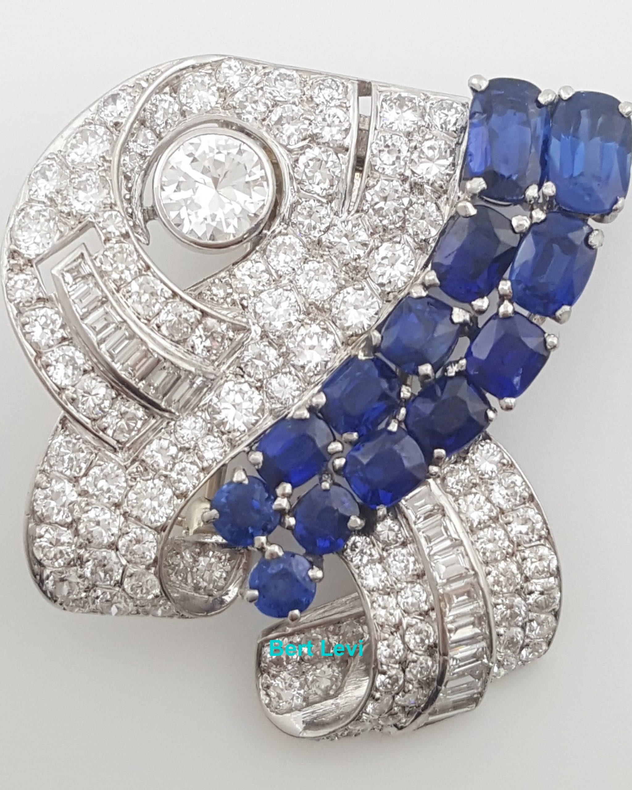 Antique Art Deco Diamond Sapphire Brooch 4.1 ct Plat & 18K Gold 1.4"