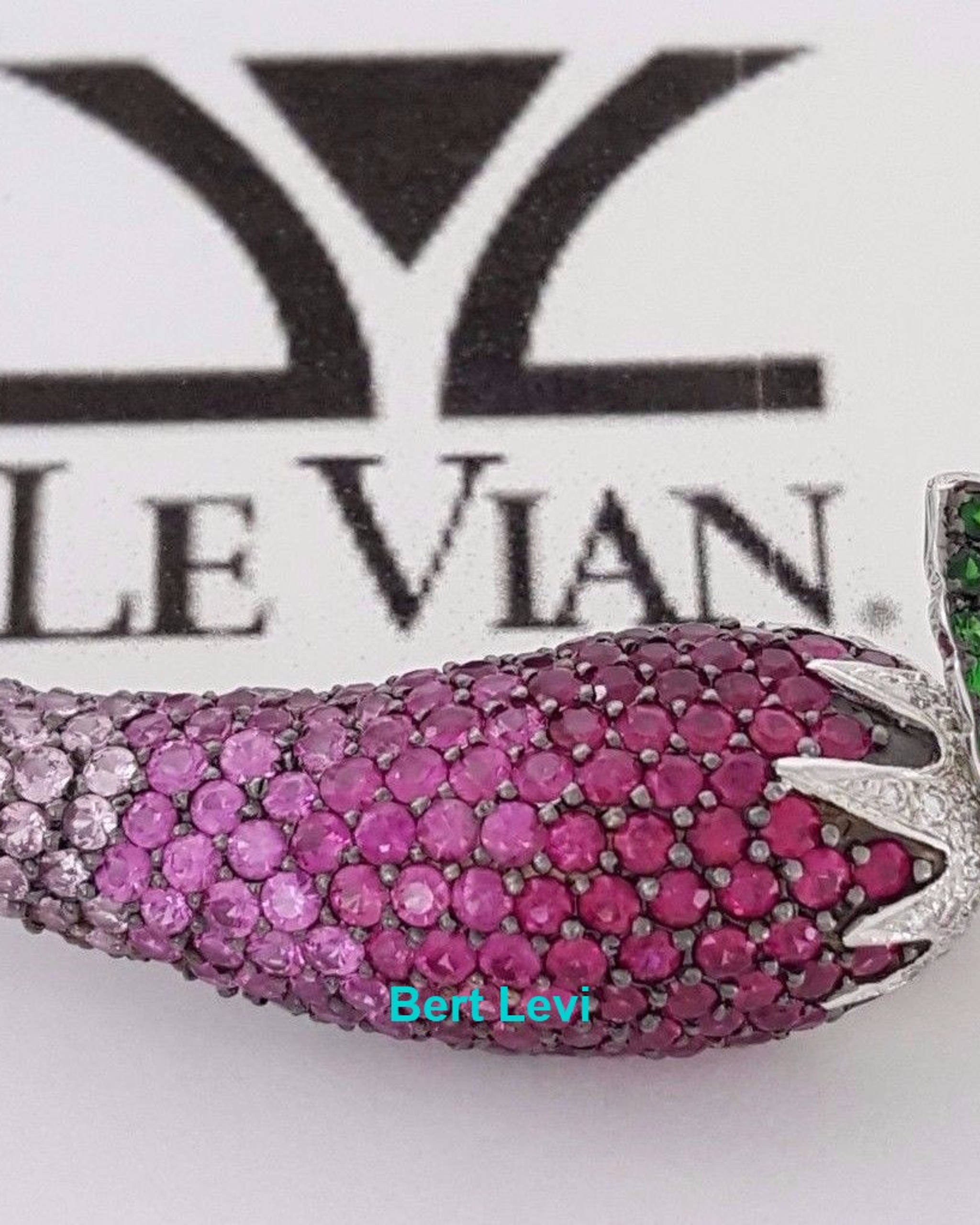 LeVian Round Diamond Ruby Sapphire Chili Pepper Brooch 4.74 ct 14K Gold $5,197