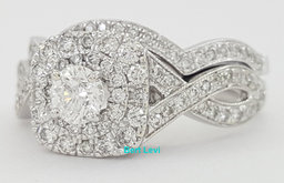 Round Diamond Double Halo Crossover Engagement Ring Set 1 ct 14k W Gold