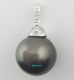 Tahitian Pearl & Diamond Pendant 12.5 mm 14K White Gold 0.12 ct 3.5 Grams