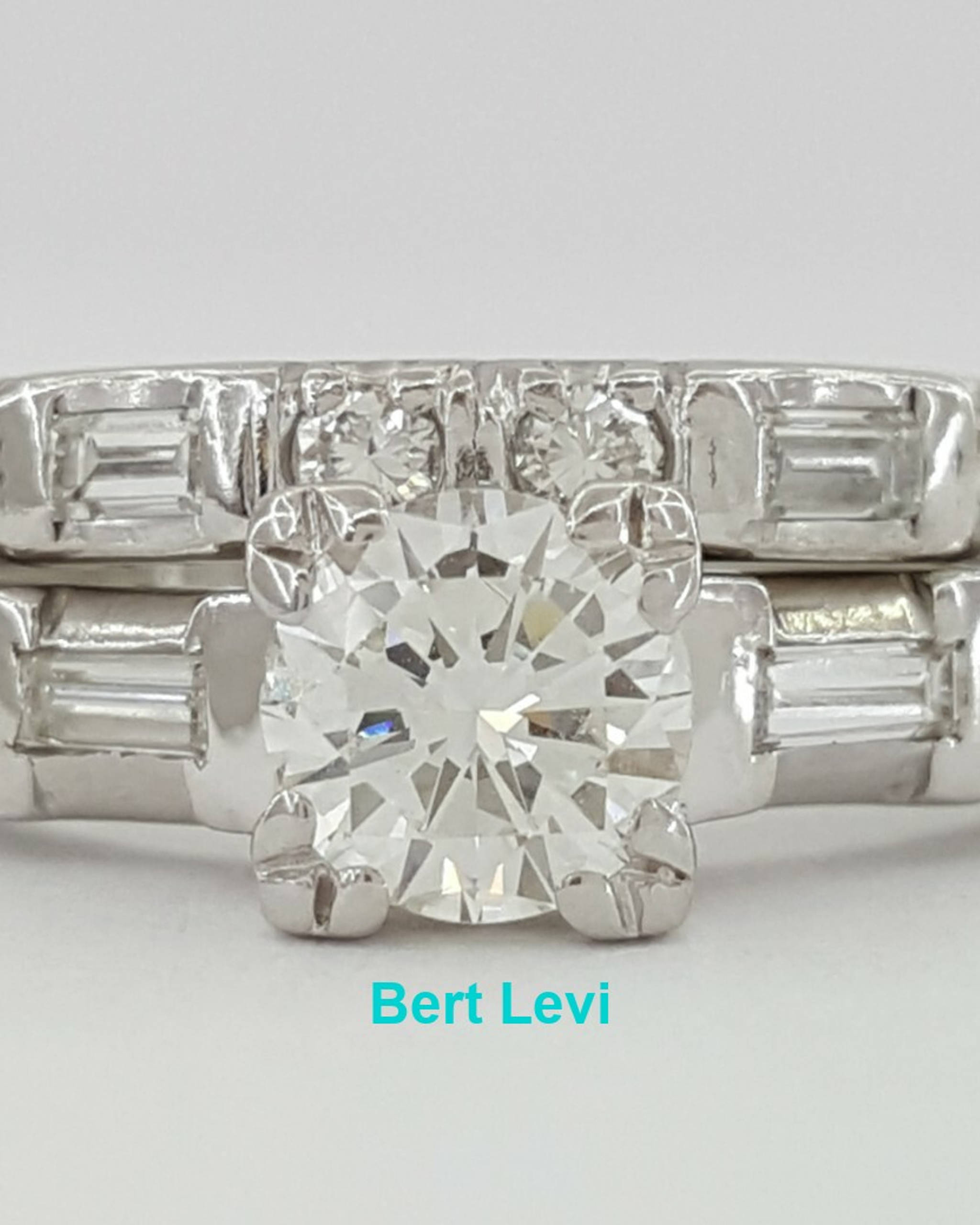 Round & Baguette Cut Diamond Engagement Ring Set 0.75 ct 14K Gold & Platinum