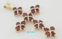Vintage Garnet Diamond Cross Pendant 10k Yellow Gold 1.35" 2.3 grams
