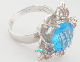Blue Topaz Flower Statement Ring 18k White Gold 22.6 mm 7.5 Grams