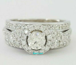1.62 ct 14K White Gold Round Diamond Wedding Halo Engagement Wedding Ring Set