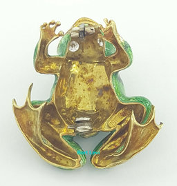 Vintage Round Diamond & Green Enamel Frog Brooch / Pin Pendant 18K Gold 0.28 ct