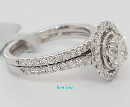 Round Diamond Halo Engagement / Wedding Band Ring Set 1.63 ct 18K White Gold GIA