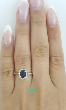 Oval Blue Sapphire & Diamond Halo 14k White Gold Engagement Ring 0.9 ct