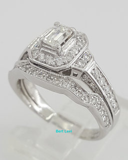 Emerald & Round Diamond Halo Engagement Ring & Band 14K White Gold 1.27 ct