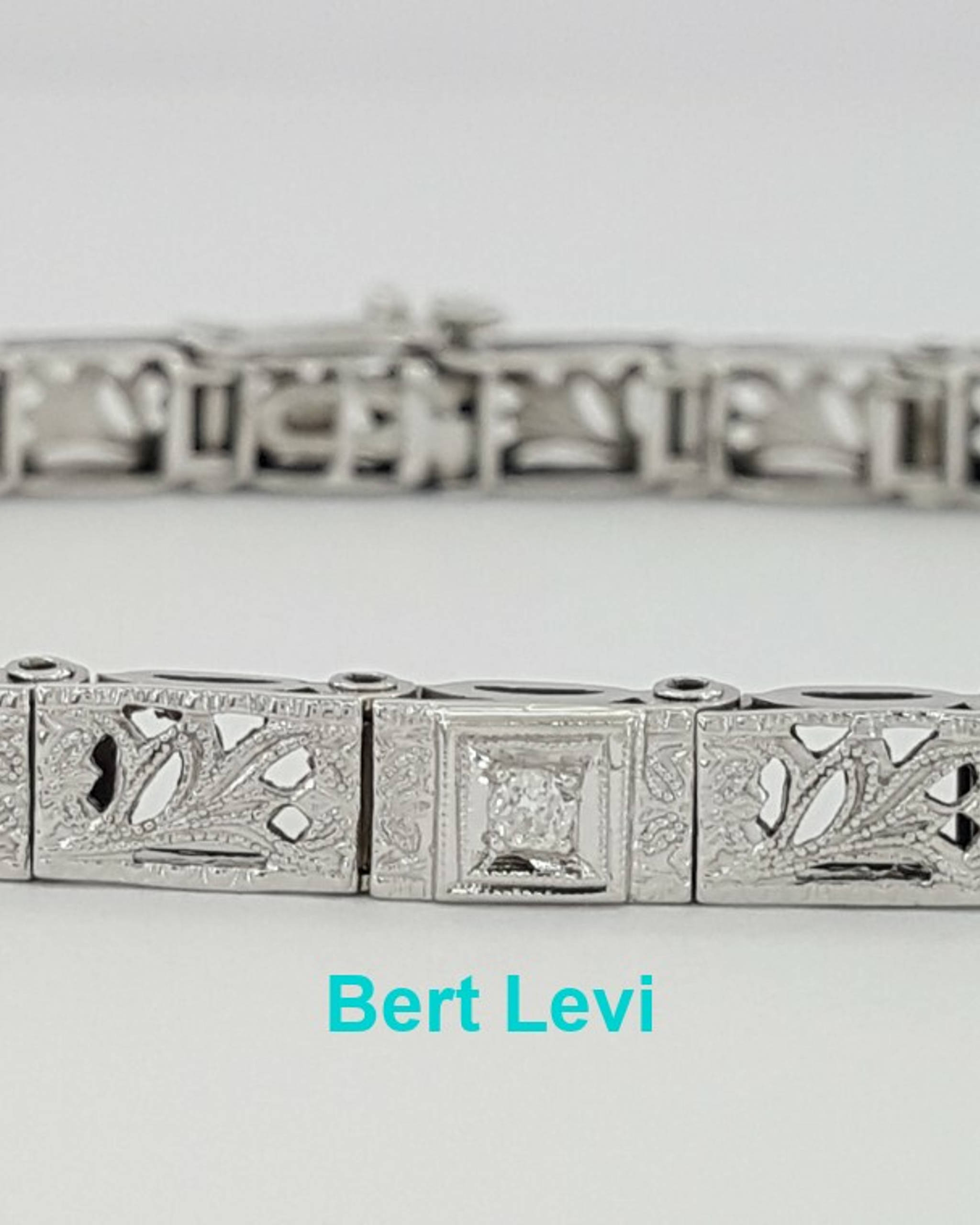 Antique Sapphire 14K White Gold & Old Euro Cut Diamond Bar Bracelet 8.6 grams 7"