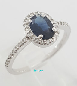 Oval Blue Sapphire & Diamond Halo 14k White Gold Engagement Ring 0.9 ct