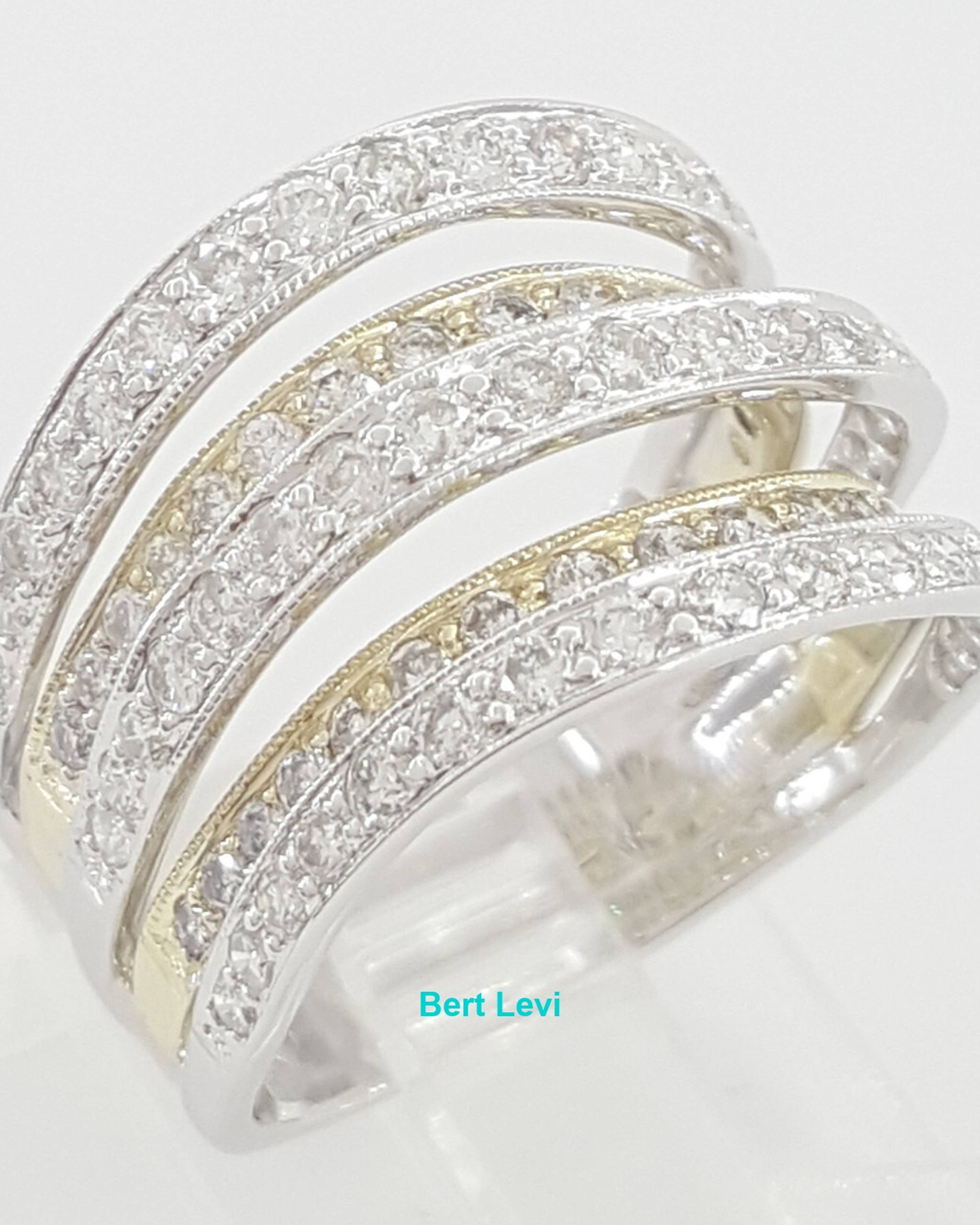 Five Row Round Diamond Statement Ring 1.5 ct 14K White & Yellow Gold