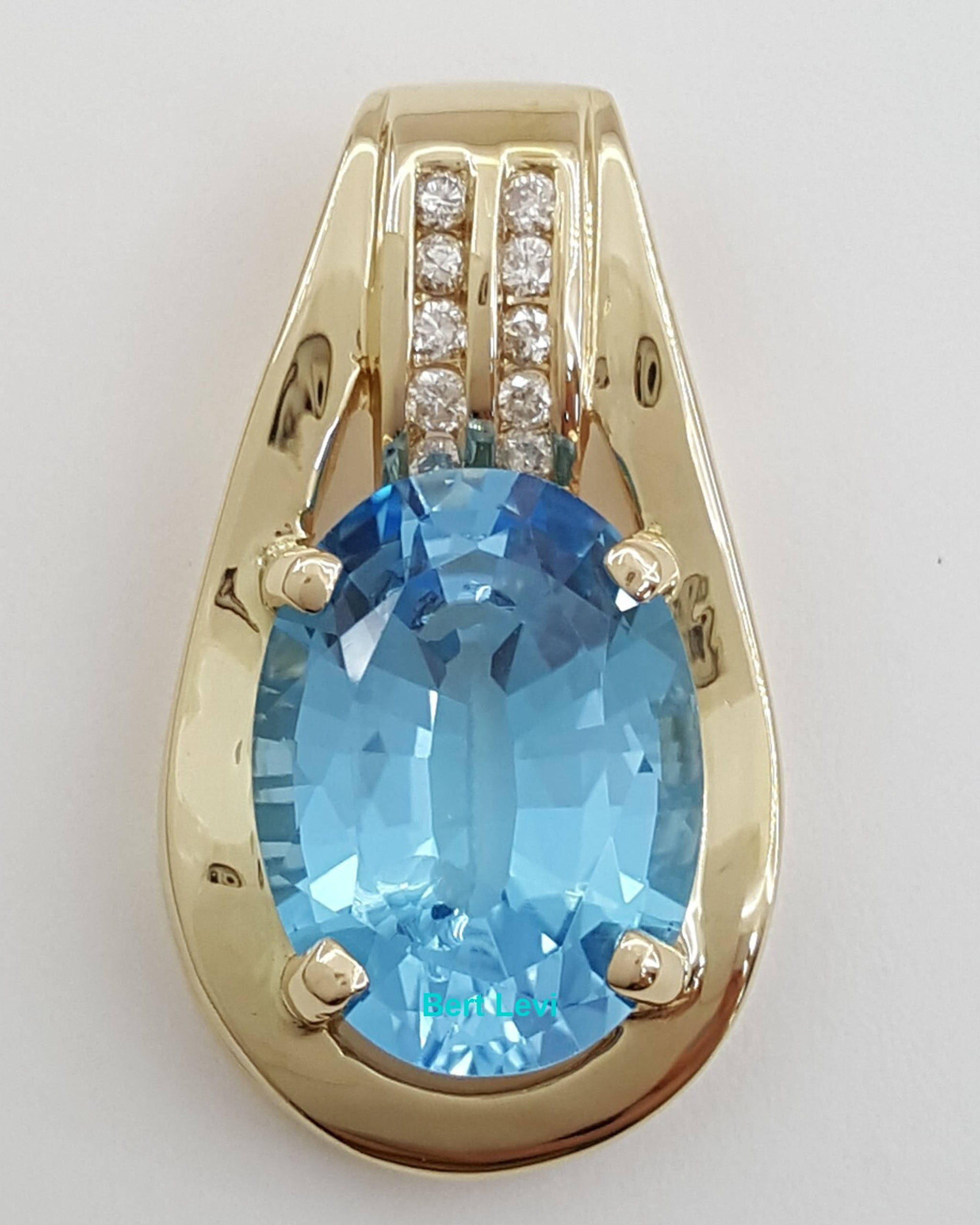 Oval Blue Topaz & Diamond Slider Pendant 0.25 ct 14k Yellow Gold 1.2”