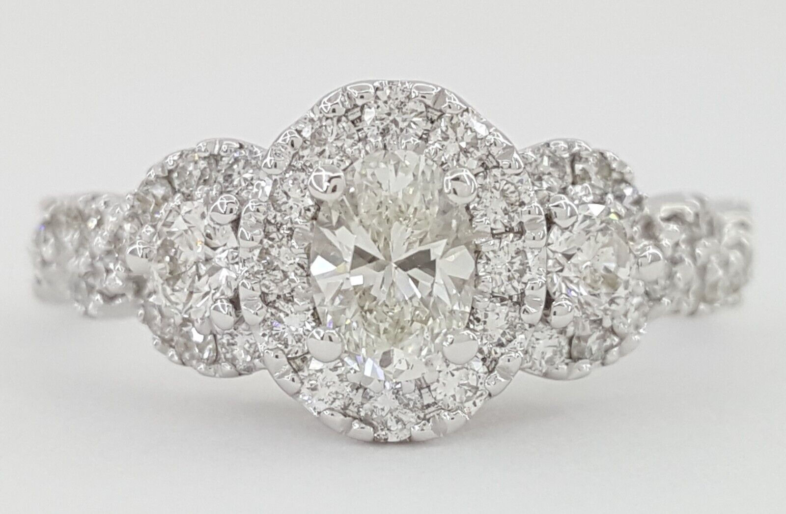 Celebration Oval Three Stone Halo Diamond Engagement Ring 1 ct 14K White Gold