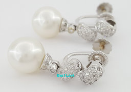 Diamond & Akoya Pearl Swirl Drop Screw Clip-On Earrings 0.5 ct 14k W Gold
