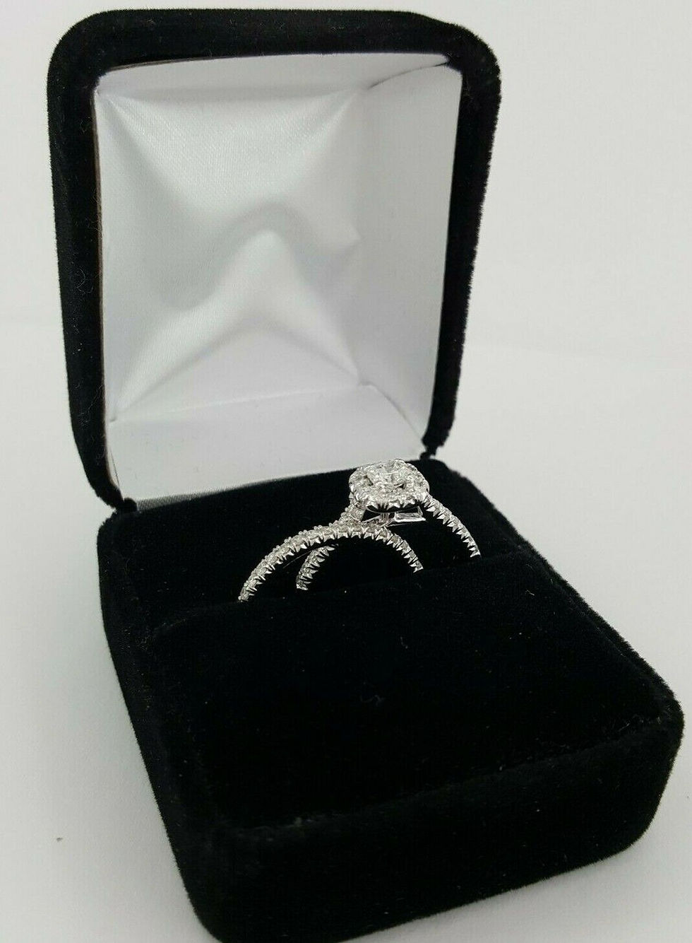 Thumbnail: Cushion Brilliant Diamond Halo Engagement Wedding Ring Set 0.9 ct 14K White Gold