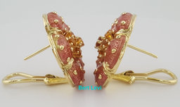 Hidalgo Pink Enamel Flower Omega Back Earrings 18k Yellow Gold 22.8 mm 21 Grams