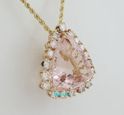 Morganite & Diamond Halo Necklace 16 ct Trillion Cut 14K Gold 20" Retail $12K