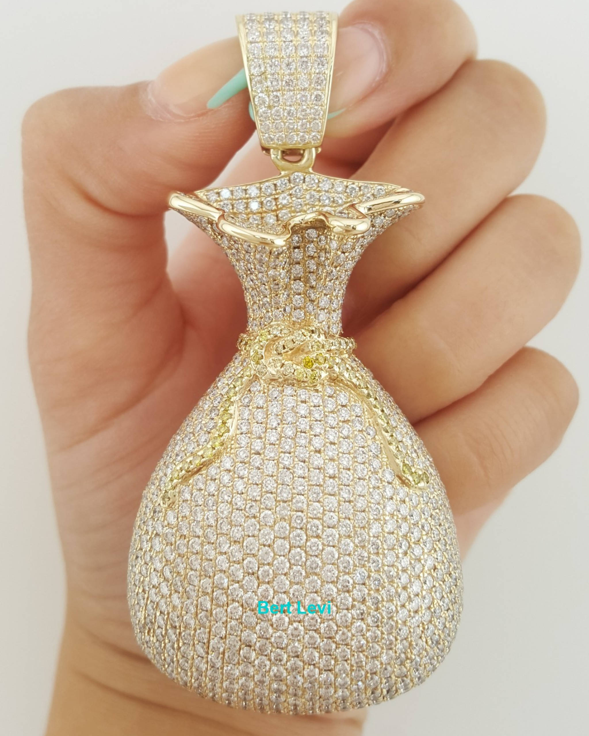 Money Bag Pave Diamond Pendant 15 ct 14k Gold 78.3 Grams 3.26" Retail $30K